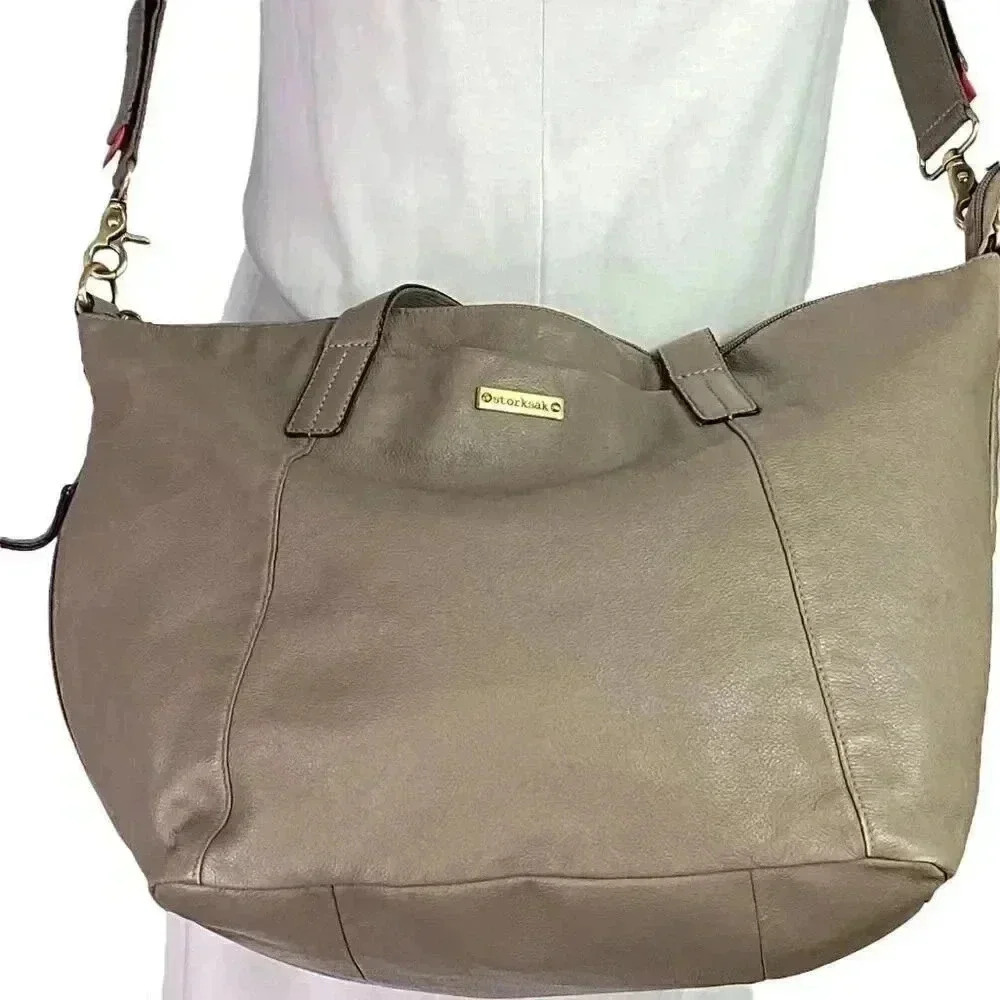 Storksak Noa Leather Diaper Bag Gray Crossbody Strap Double Handles Changing Pad